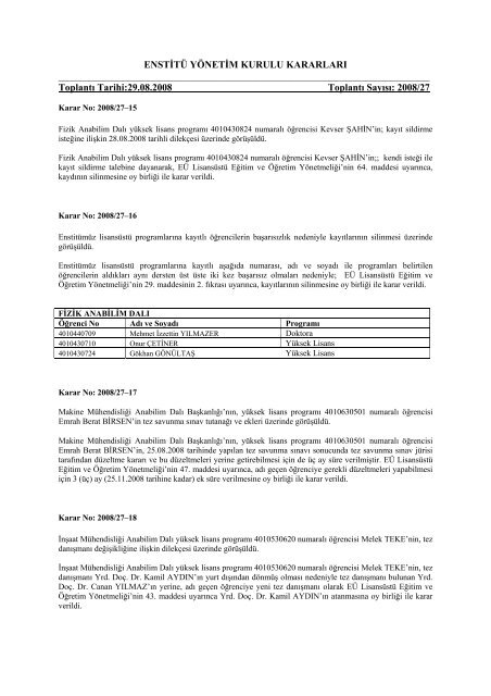 29-08-2008 tarih ve 27 nolu YKK - Fen Bilimleri Enstitüsü