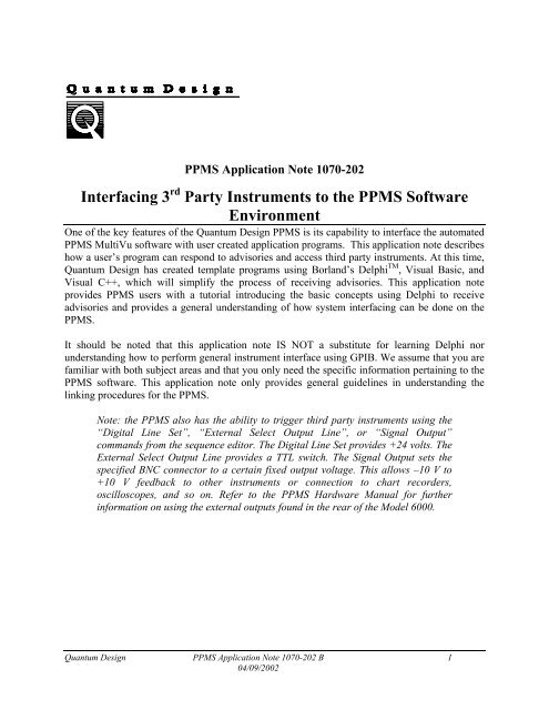 Interfacing 3rd Party Instruments to the PPMS Software Environment