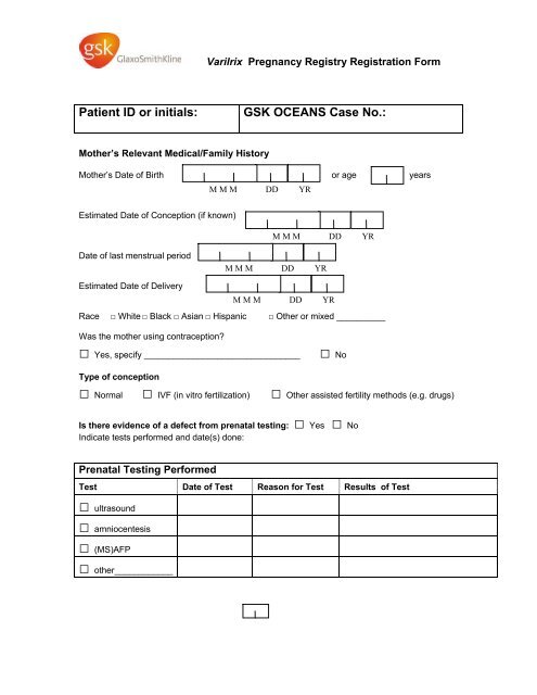 Registration form for Varilrix â¢ Pregnancy Registry