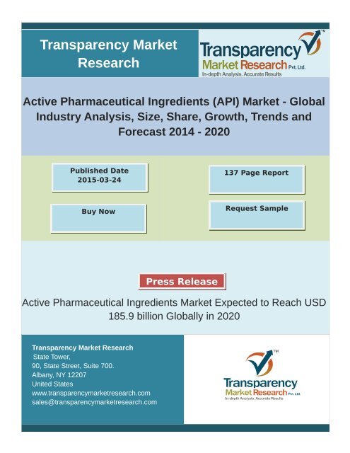 Active Pharmaceutical Ingredients (API) Market  - Global Industry Analysis, Size, Share, Growth, Trends and Forecast 2014 – 2020