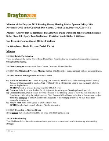Minutes of the Drayton 2020 Steering Group Meeting held at 7pm on ...
