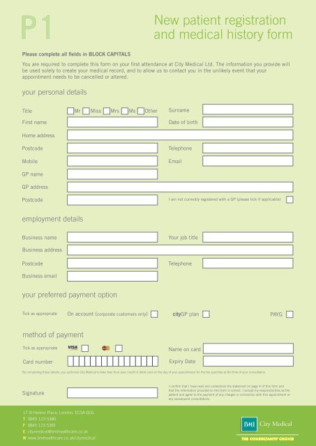 New patient registration and medical history form - BMI Healthcare