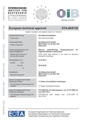 European technical approval ETA-06/0138 - KLH