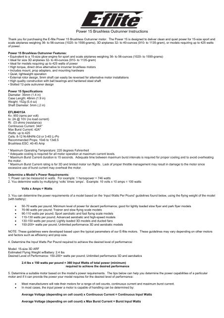 Power 15 Brushless Outrunner Instructions - E-flite