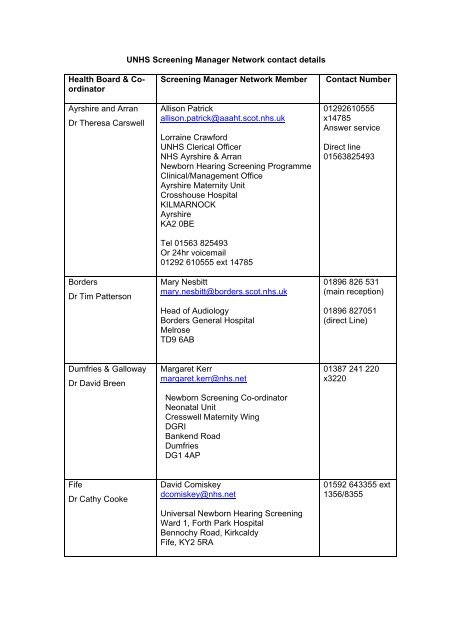 UNHS Screening Manager Network contact details