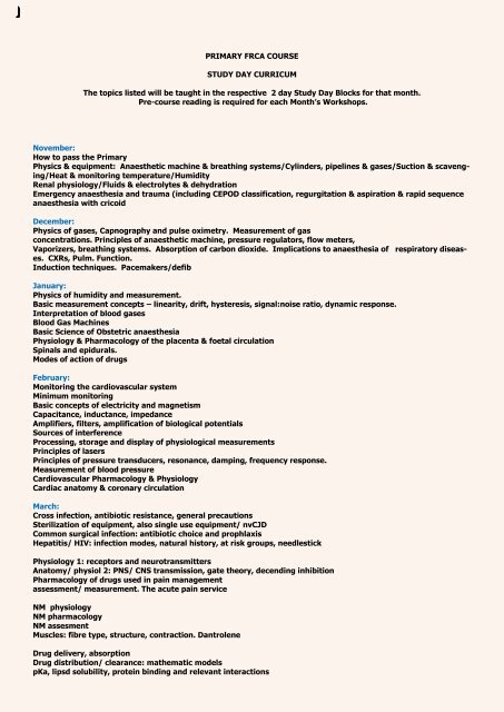 Primary Frca Course Study Day Curricum The Topics - 