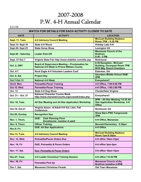 2007-2008 PW 4-H Annual Calendar - PWC 4-H Leader's Resource ...