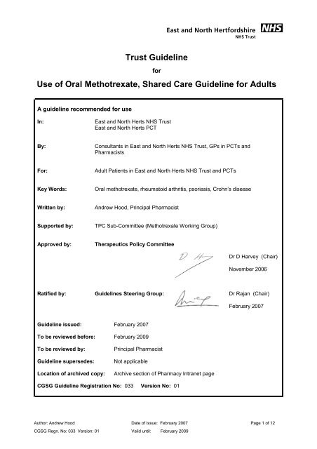 Use of Oral Methotrexate, Shared Care Guideline for Adults