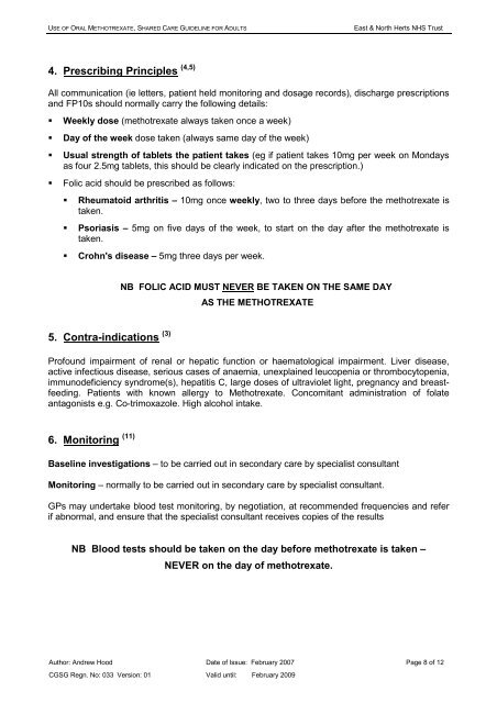 Use of Oral Methotrexate, Shared Care Guideline for Adults