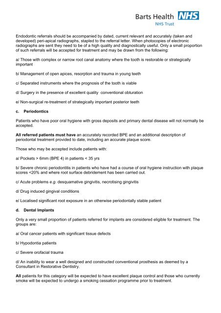 Acceptance criteria for restorative dentistry - Barts Health NHS Trust