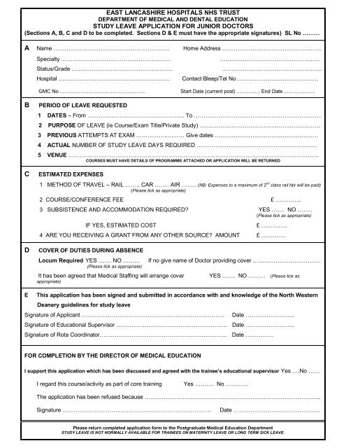 Junior Doctors Study Leave Form - East Lancashire Hospitals Nhs 