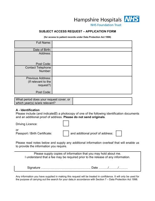 SUBJECT ACCESS REQUEST - Hampshire Hospitals NHS ...