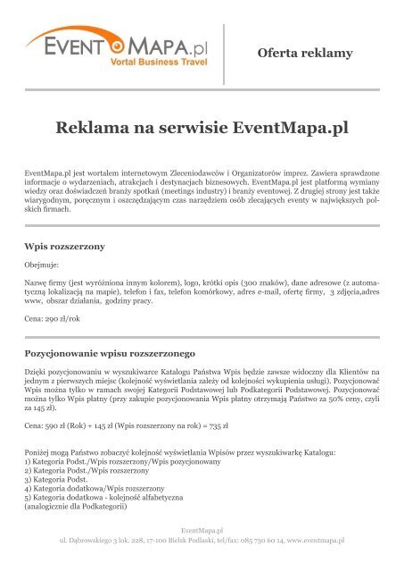 Oferta reklamy Reklama na serwisie EventMapa.pl
