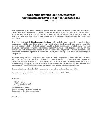 Certificated Employee of the Year Nominations Letter - Torrance ...