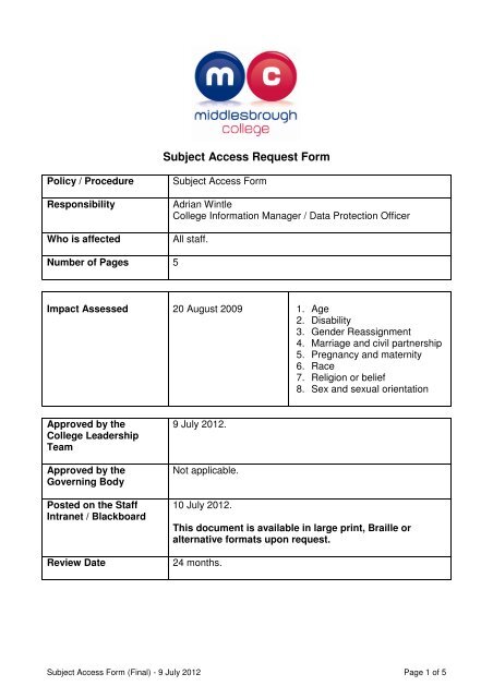 Subject Access Request Form - Middlesbrough College