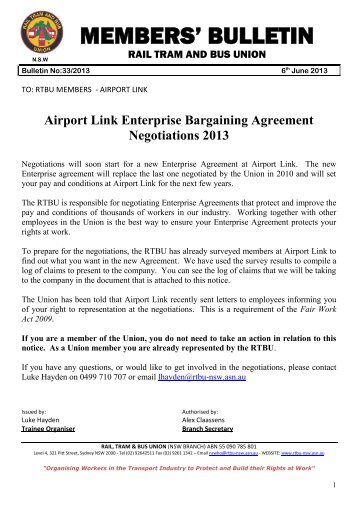 Airport Link Enterprise Bargaining Agreement Negotiations 2013