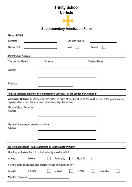 Supplementary Admission Form - Trinity School