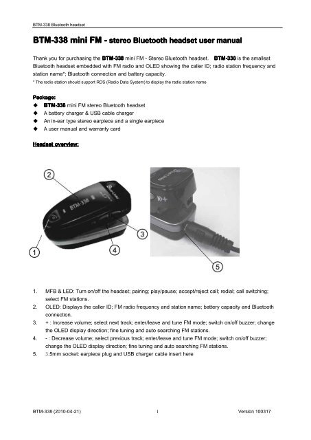 BTM-338 mini FM - stereo Bluetooth headset user manual - Blue-Links