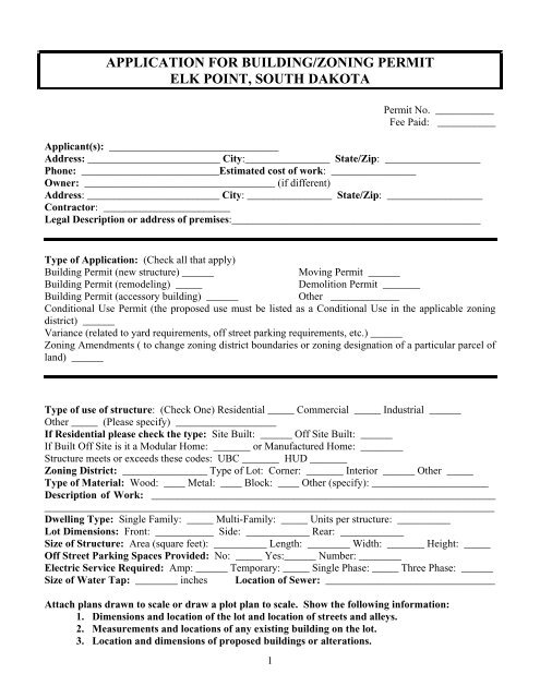 Southern Building Control Application Example application for building/zoning permit elk point, south dakota