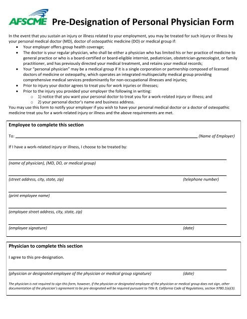 Pre-Designation of Personal Physician Form