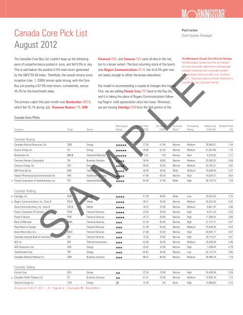 Canada Core Pick List August 2012 - RBC Direct Investing