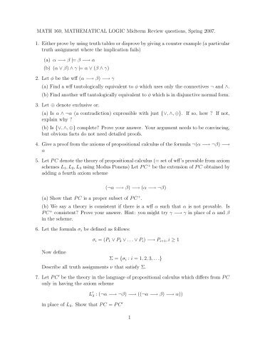 MATH 160, MATHEMATICAL LOGIC Midterm Review ... - Mathematics