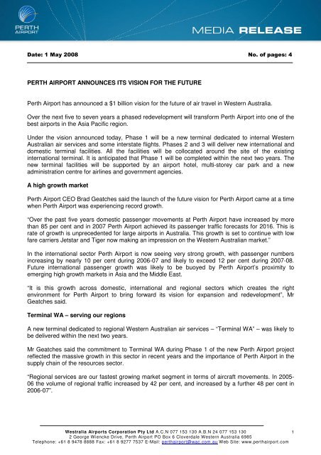 PERTH AIRPORT ANNOUNCES ITS VISION FOR THE FUTURE ...