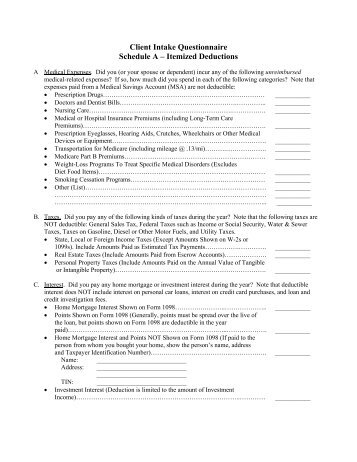 Client Intake Questionnaire Schedule A â Itemized Deductions