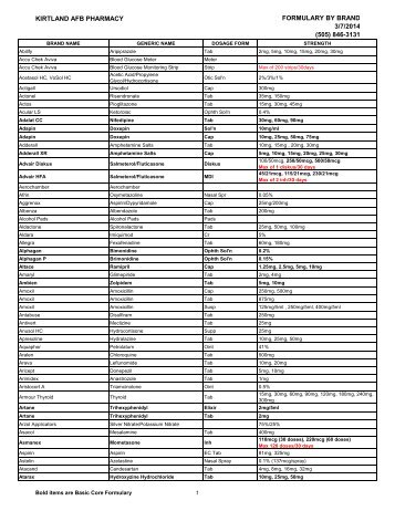 kirtland afb pharmacy formulary by generic 9/17/2012 846-3131