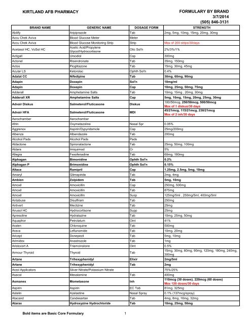 kirtland afb pharmacy formulary by generic 9/17/2012 846-3131