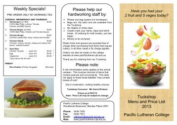 Tuckshop Menu and Price List 2013 Pacific Lutheran College ...