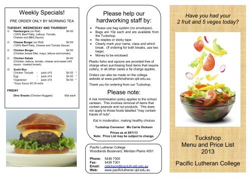 Tuckshop Menu and Price List 2013 Pacific Lutheran College ...