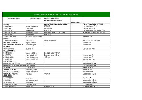 Monaro Native Tree Nursery Species List Retail Platypus Country