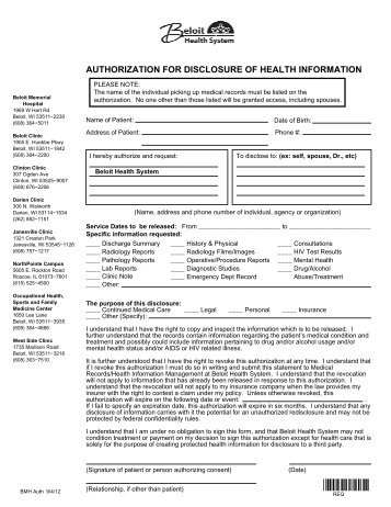 Authorization for Release of Patient Heath Information Hospital Form