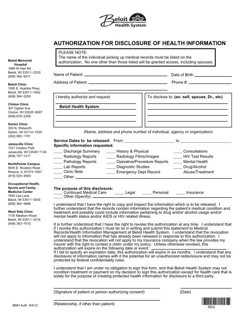 Authorization for Release of Patient Heath Information Hospital Form