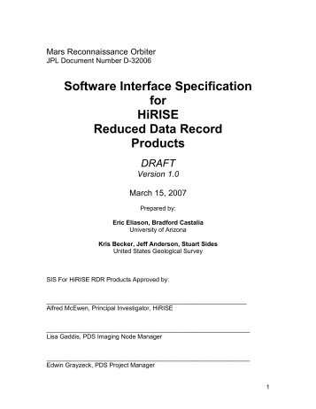 Software Interface Specification for HiRISE Reduced Data Record ...