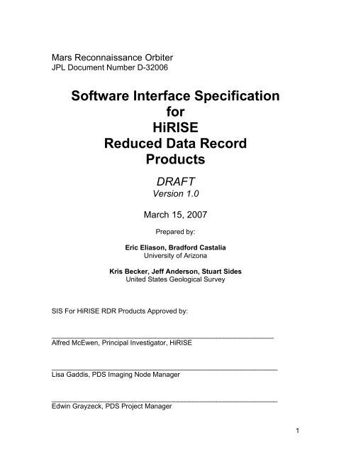 Software Interface Specification for HiRISE Reduced Data Record ...
