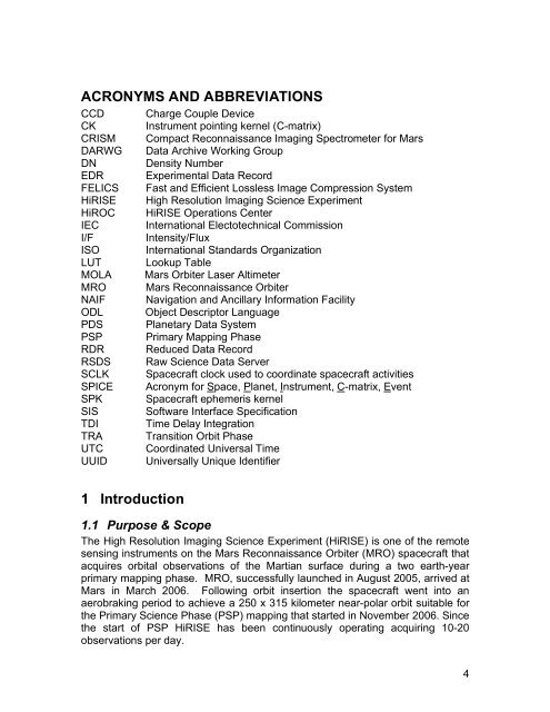 Software Interface Specification for HiRISE Reduced Data Record ...