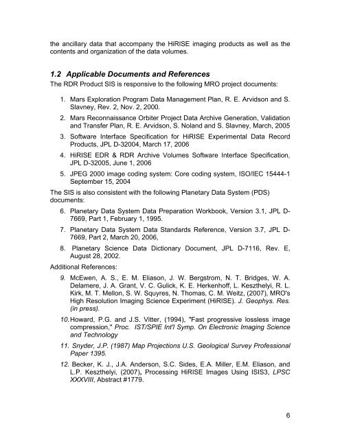 Software Interface Specification for HiRISE Reduced Data Record ...