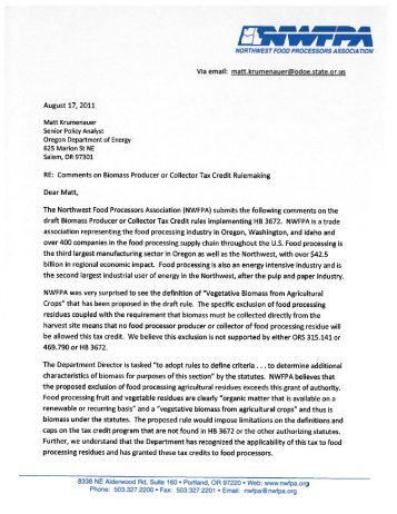 written comments - Northwest Food Processors Association