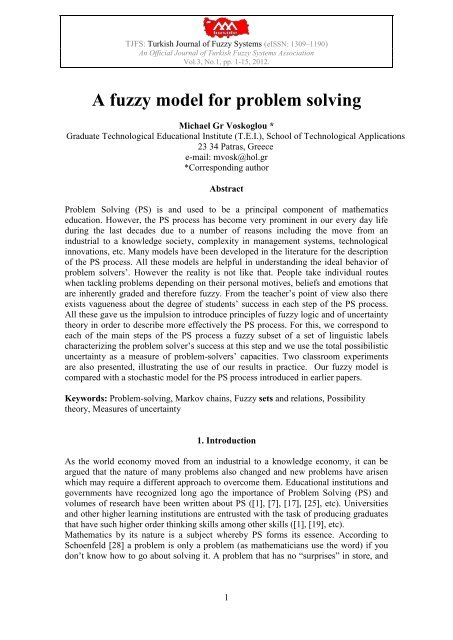A fuzzy model for problem solving - Turkish Journal of Fuzzy Systems