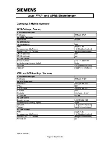 Java-, WAP- und GPRS Einstellungen - Einzelhandel