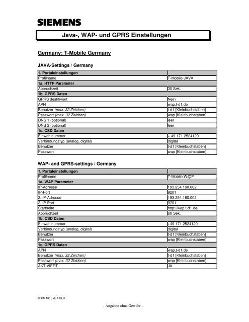 Java-, WAP- und GPRS Einstellungen - Einzelhandel