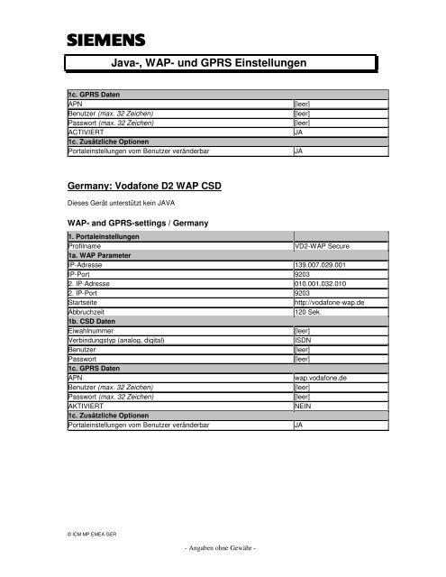 Java-, WAP- und GPRS Einstellungen - Einzelhandel