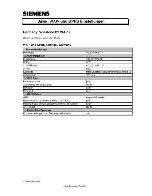 Java-, WAP- und GPRS Einstellungen - Einzelhandel