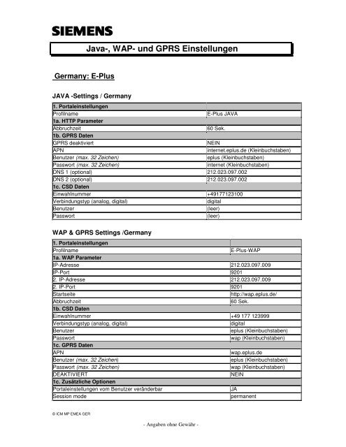 Java-, WAP- und GPRS Einstellungen - Einzelhandel