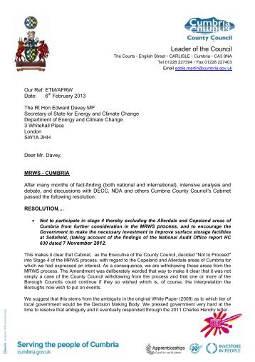 341. Letter from Cumbria County Council to DECC 6 February 2013
