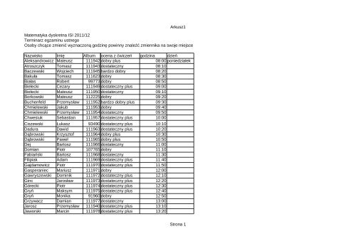 Arkusz1 Strona 1 Matematyka dyskretna ISI 2011/12 Terminarz ...