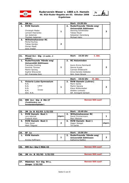 Die Ergebnisse der KlÃ¼tregatta 2008 - Ruderverein Weser von 1885 ...