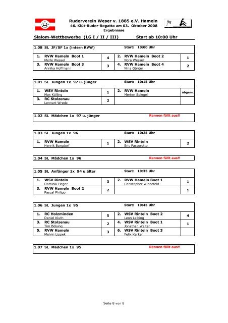 Die Ergebnisse der KlÃ¼tregatta 2008 - Ruderverein Weser von 1885 ...